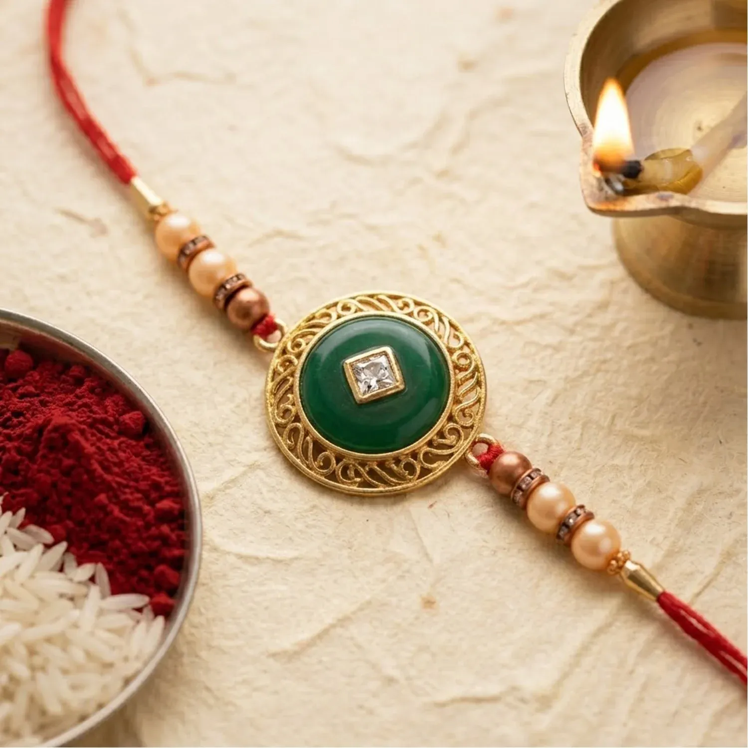 Premium Premium Round Jade Stone Kundan Filigree Charm Pearl Bead Thread Rakhi for Brother - Buy Online at Alikart