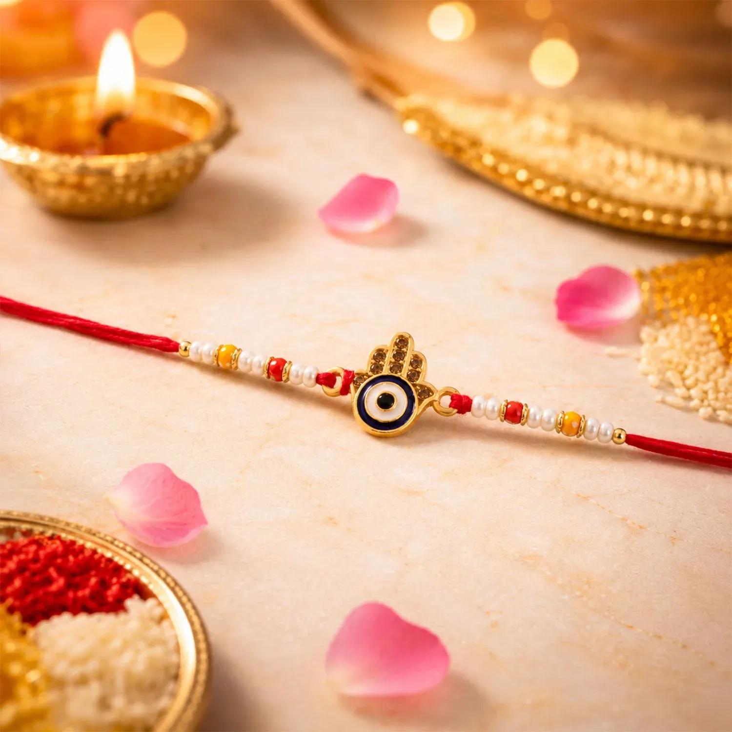 Premium Evil Eye Designer Rakhi – Pearl Bead Work for Brother - Detailed Feature View 2