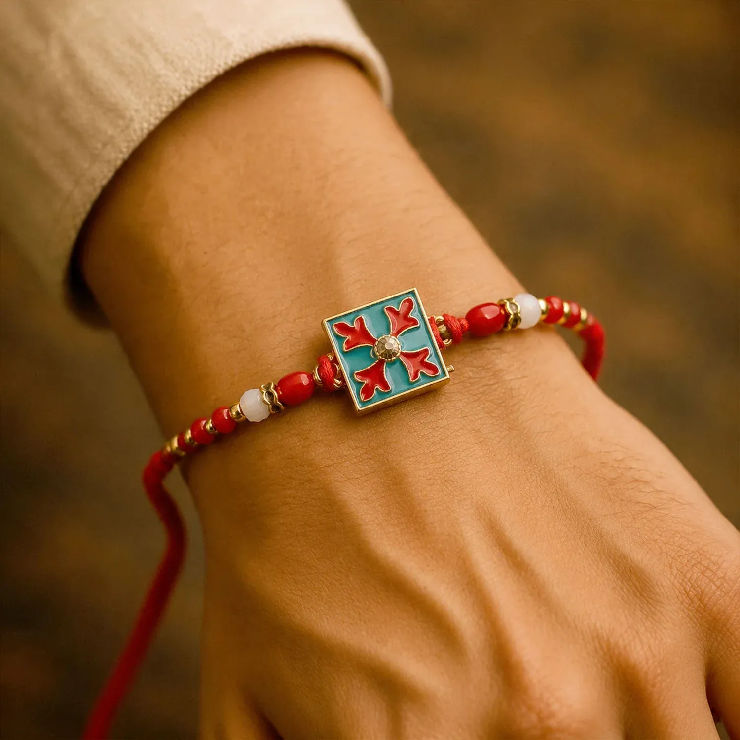 Premium Square Design Charm Kids Rakhi for Brother with Decorative Beads - Detailed Feature View 2