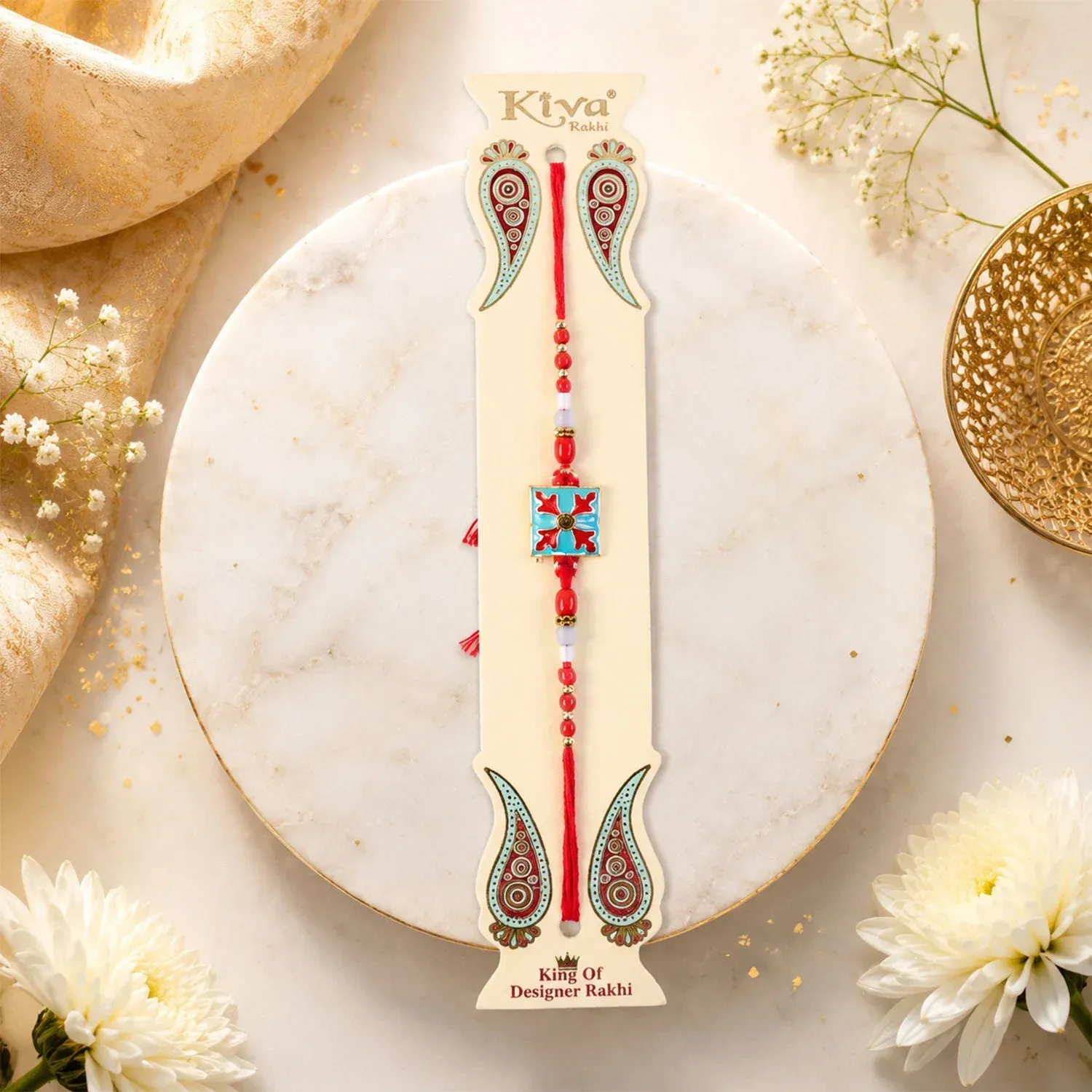 Premium Square Design Charm Kids Rakhi for Brother with Decorative Beads - Detailed Feature View 1