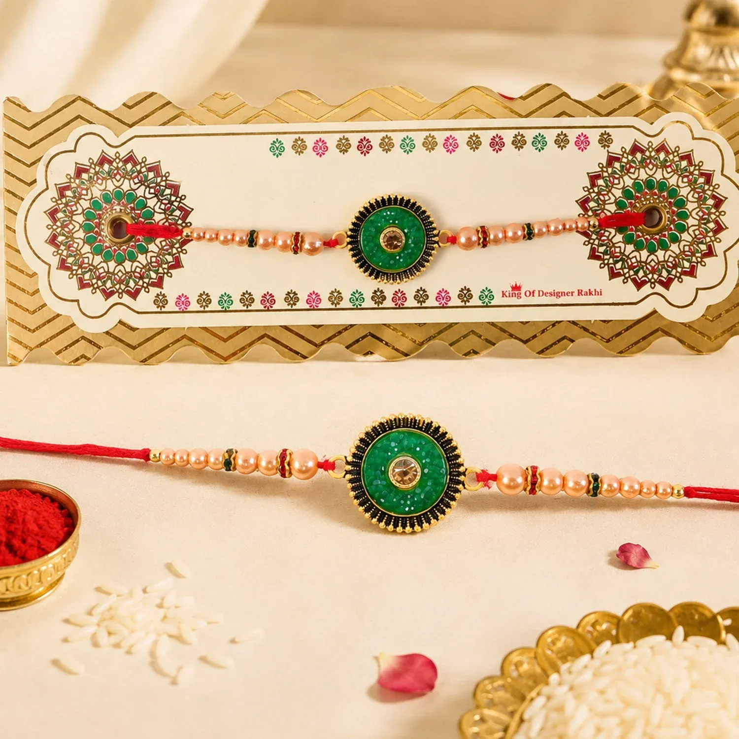Premium Round Center Kundan Rakhi for Brother with Traditional Beads - Buy Online at Alikart