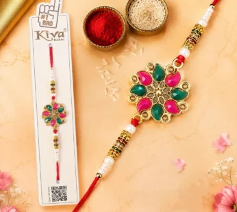 Premium Floral Stone Designer Rakhi for Brother with Kundan Bead Work