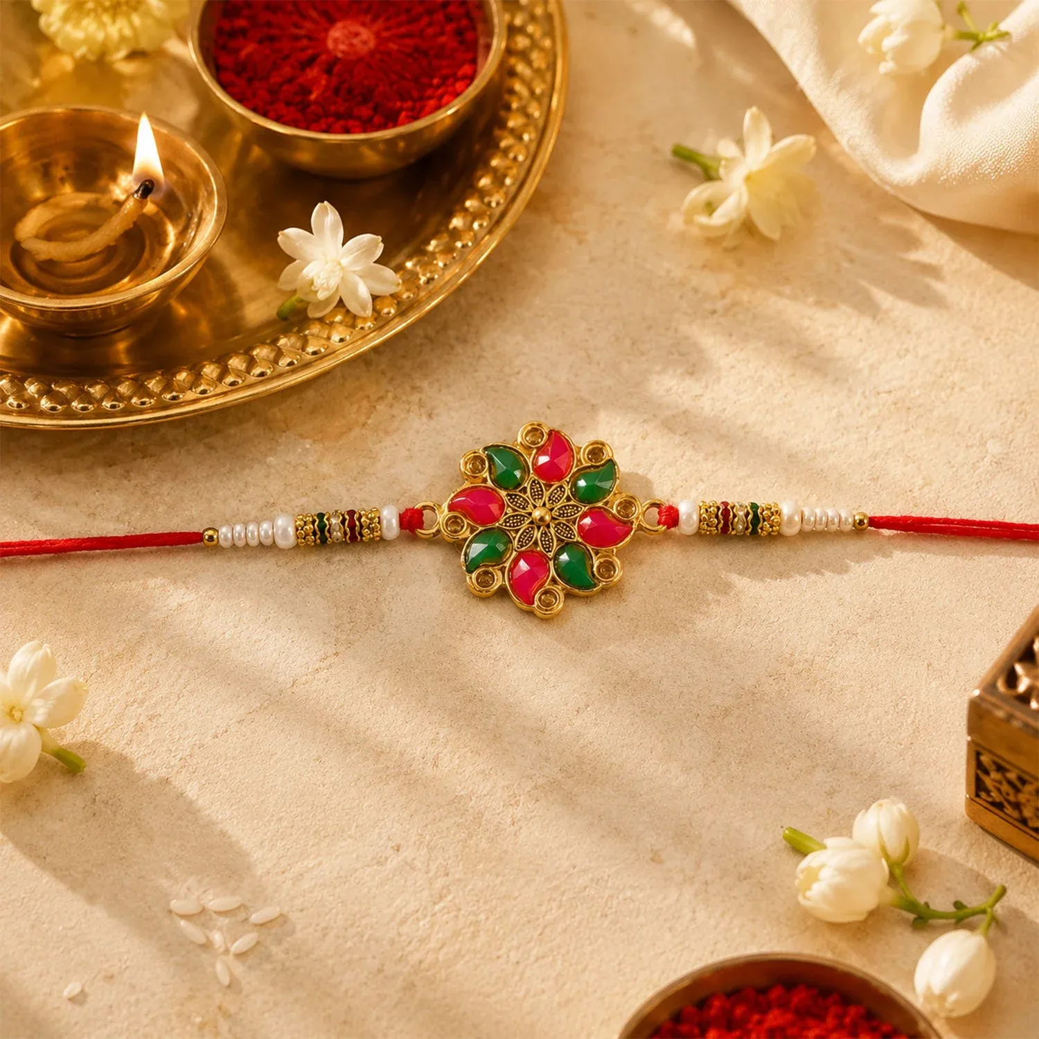 Premium Floral Stone Designer Rakhi for Brother with Kundan Bead Work - Detailed Feature View 1