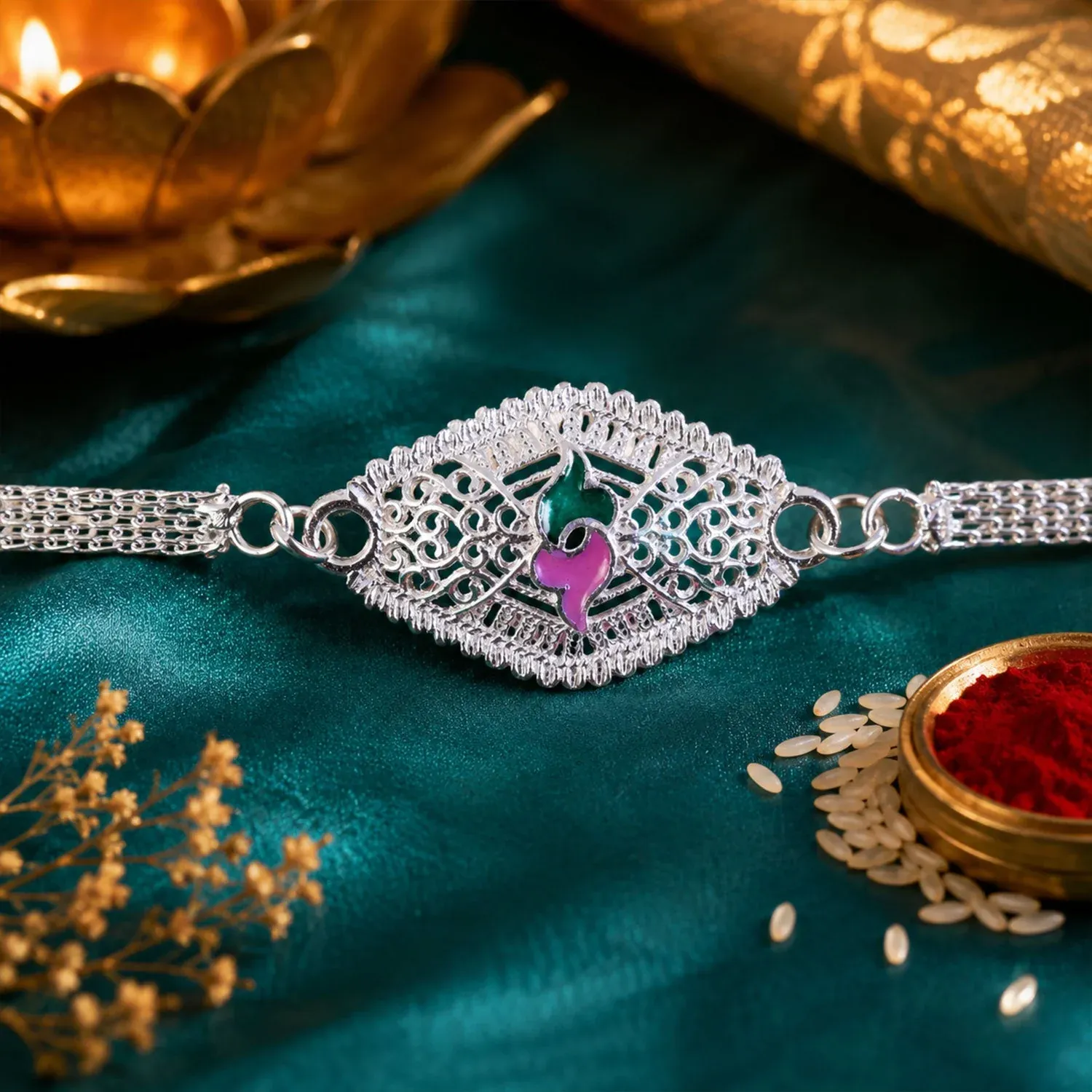 Premium Leaf Motif Stone Studded Designer Chain Rakhi for Brother - Buy Online at Alikart