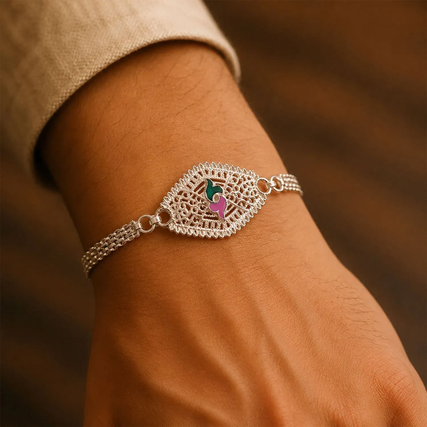 Leaf Motif Stone Studded Designer Chain Rakhi for Brother - Detailed Feature View 2