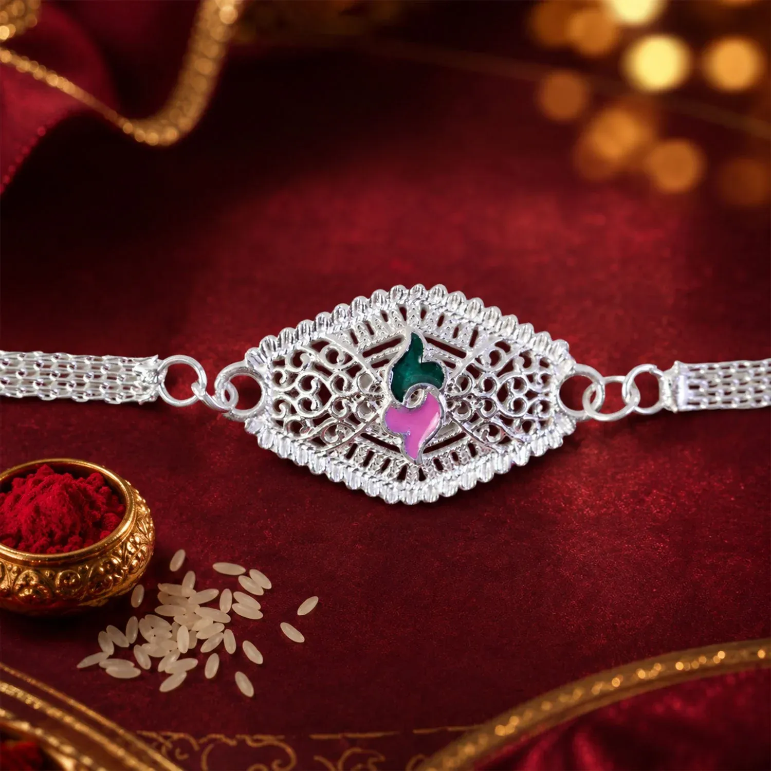 Leaf Motif Stone Studded Designer Chain Rakhi for Brother - Detailed Feature View 3