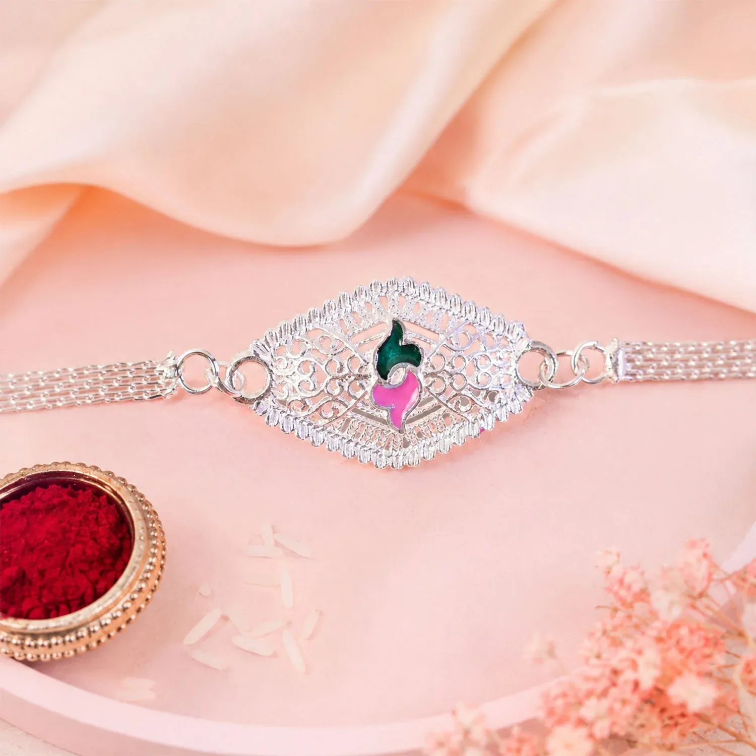 Leaf Motif Stone Studded Designer Chain Rakhi for Brother - Detailed Feature View 1