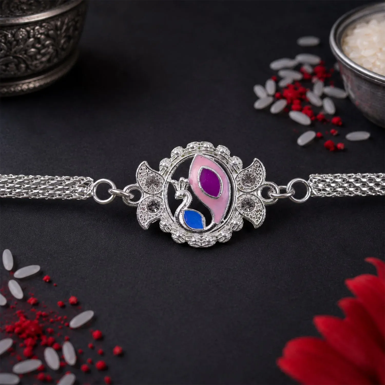 Peacock Motif Stone Studded Chain Rakhi for Brother - Detailed Feature View 1