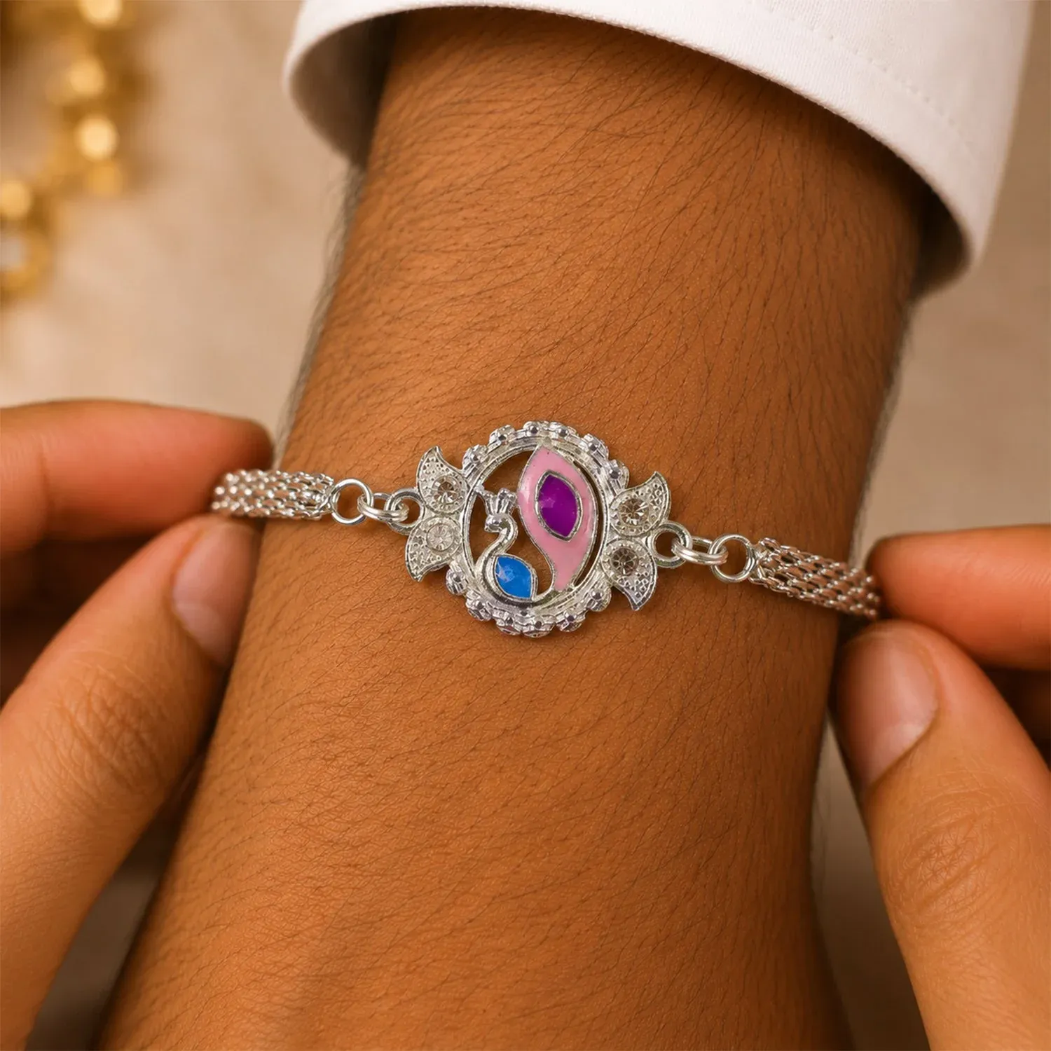 Peacock Motif Stone Studded Chain Rakhi for Brother - Detailed Feature View 2