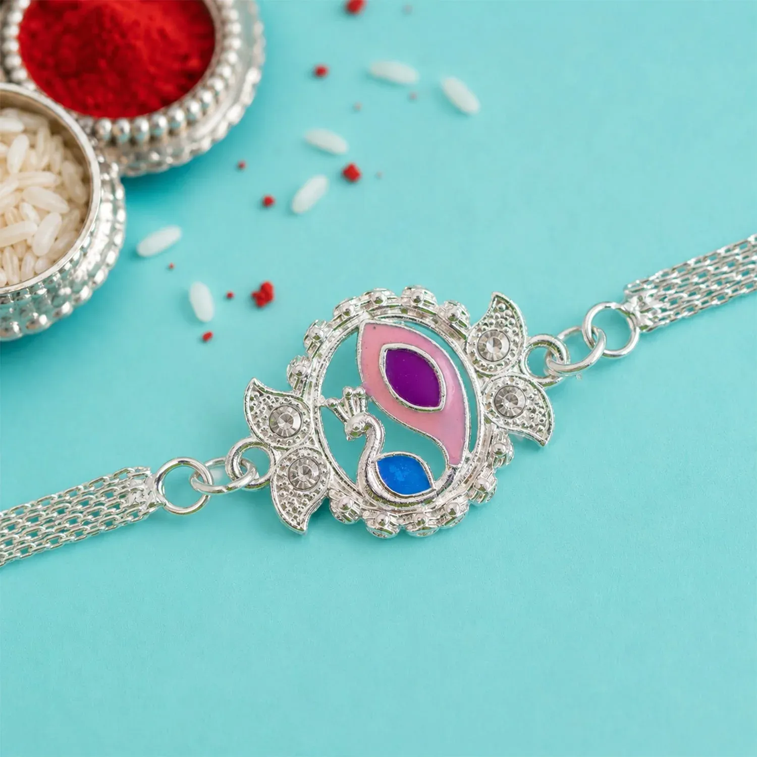 Peacock Motif Stone Studded Chain Rakhi for Brother - Detailed Feature View 3