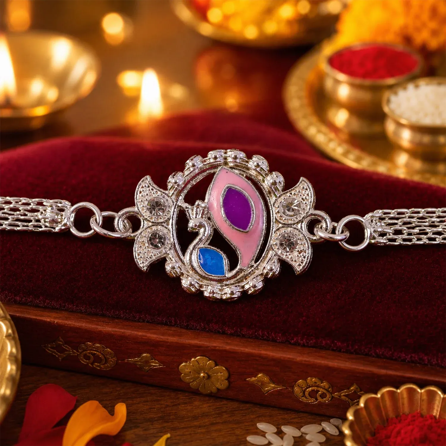 Premium Peacock Motif Stone Studded Chain Rakhi for Brother - Buy Online at Alikart