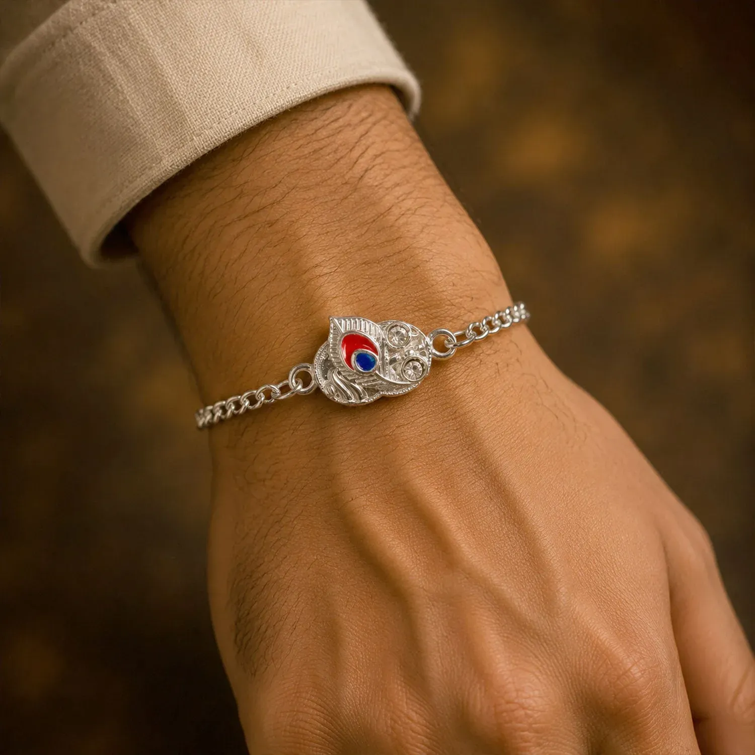 Peacock Feather Meenakari Designer Chain Rakhi for Brother - Detailed Feature View 1