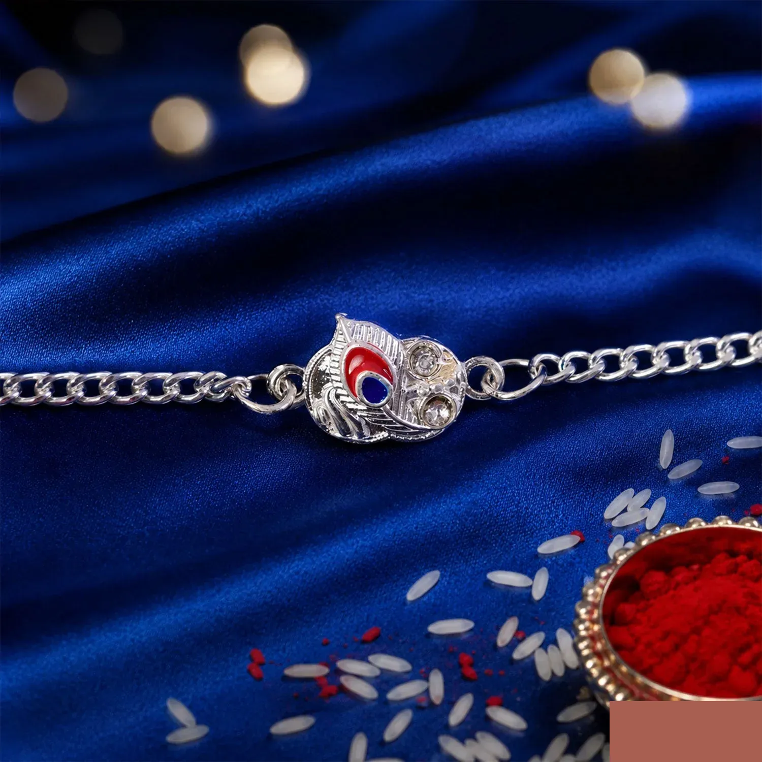 Peacock Feather Meenakari Designer Chain Rakhi for Brother - Detailed Feature View 3