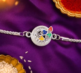 Peacock Motif Meenakari Stone-Studded Chain Rakhi for Brother