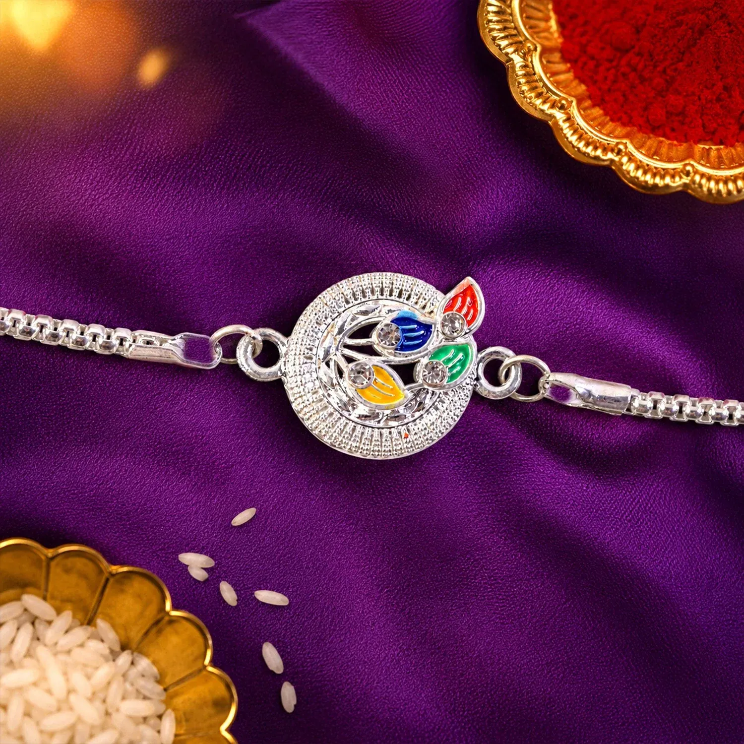 Premium Peacock Motif Meenakari Stone-Studded Chain Rakhi for Brother - Buy Online at Alikart