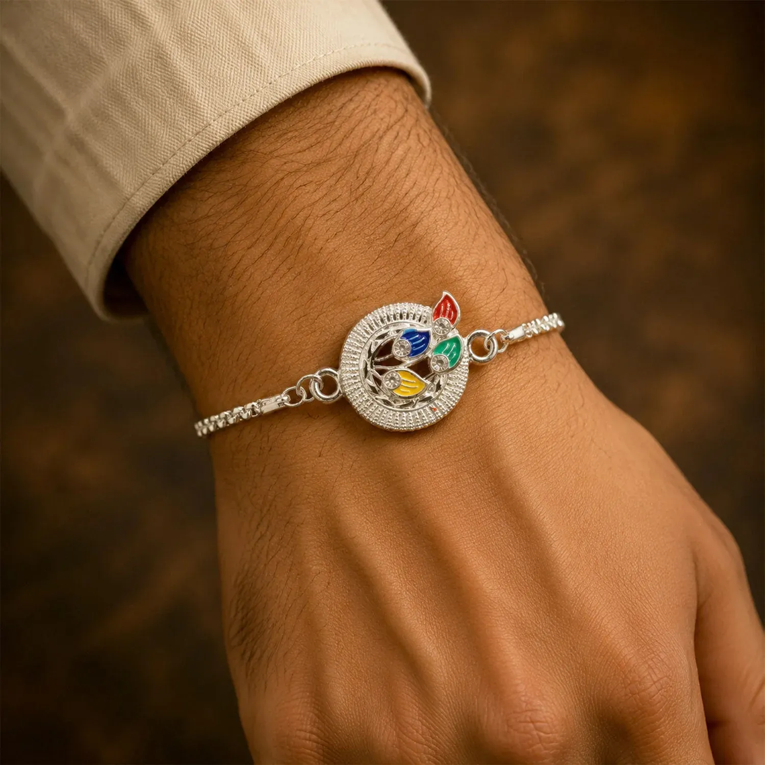 Peacock Motif Meenakari Stone-Studded Chain Rakhi for Brother - Detailed Feature View 1