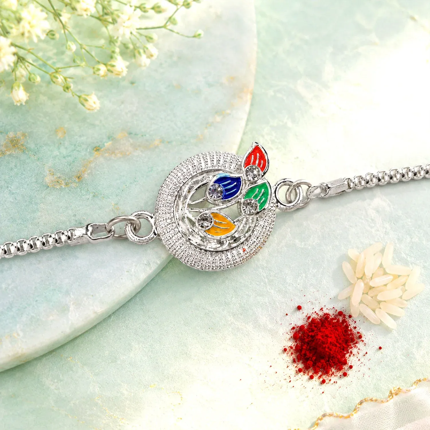 Peacock Motif Meenakari Stone-Studded Chain Rakhi for Brother - Detailed Feature View 2