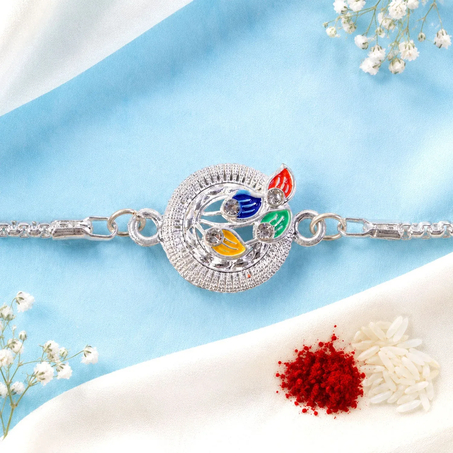 Peacock Motif Meenakari Stone-Studded Chain Rakhi for Brother - Detailed Feature View 3
