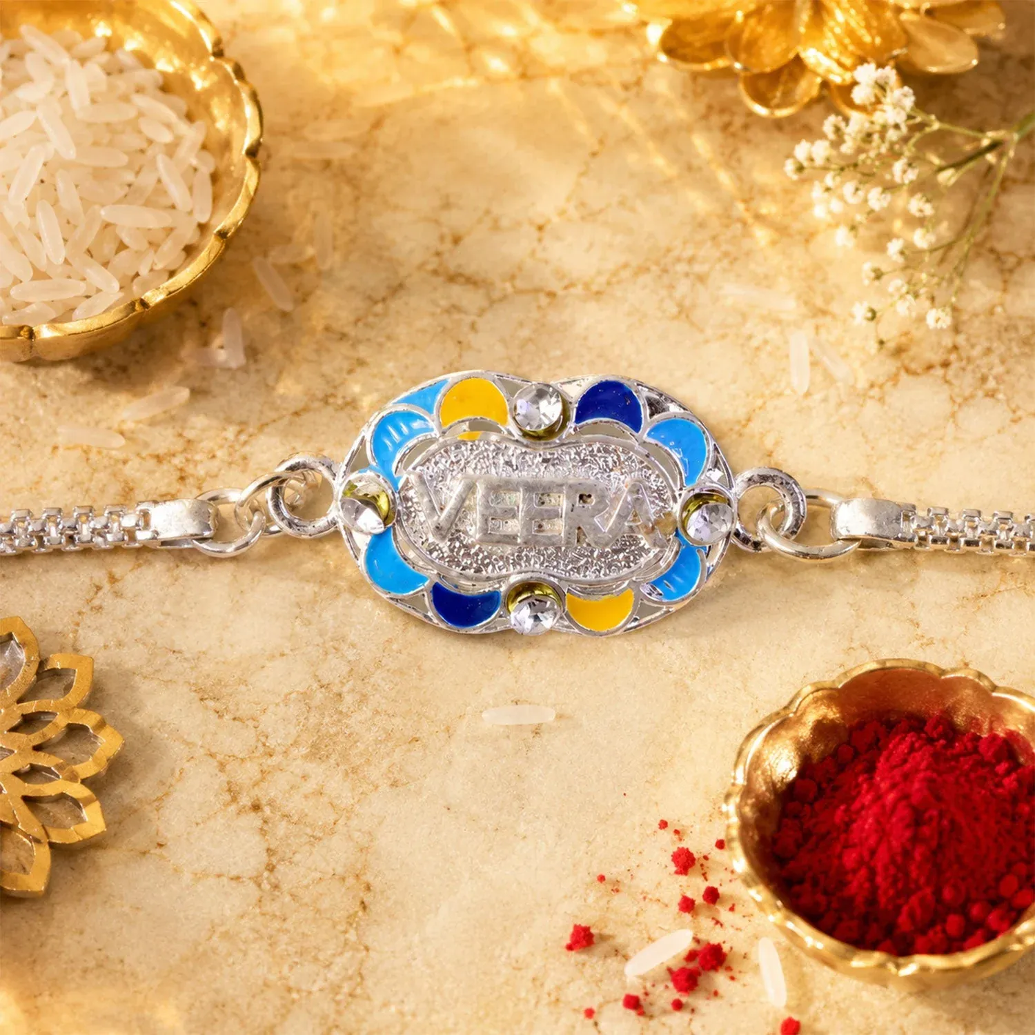 Premium Veera Name Oval Meenakari CZ Studded Chain Rakhi for Brother - Buy Online at Alikart