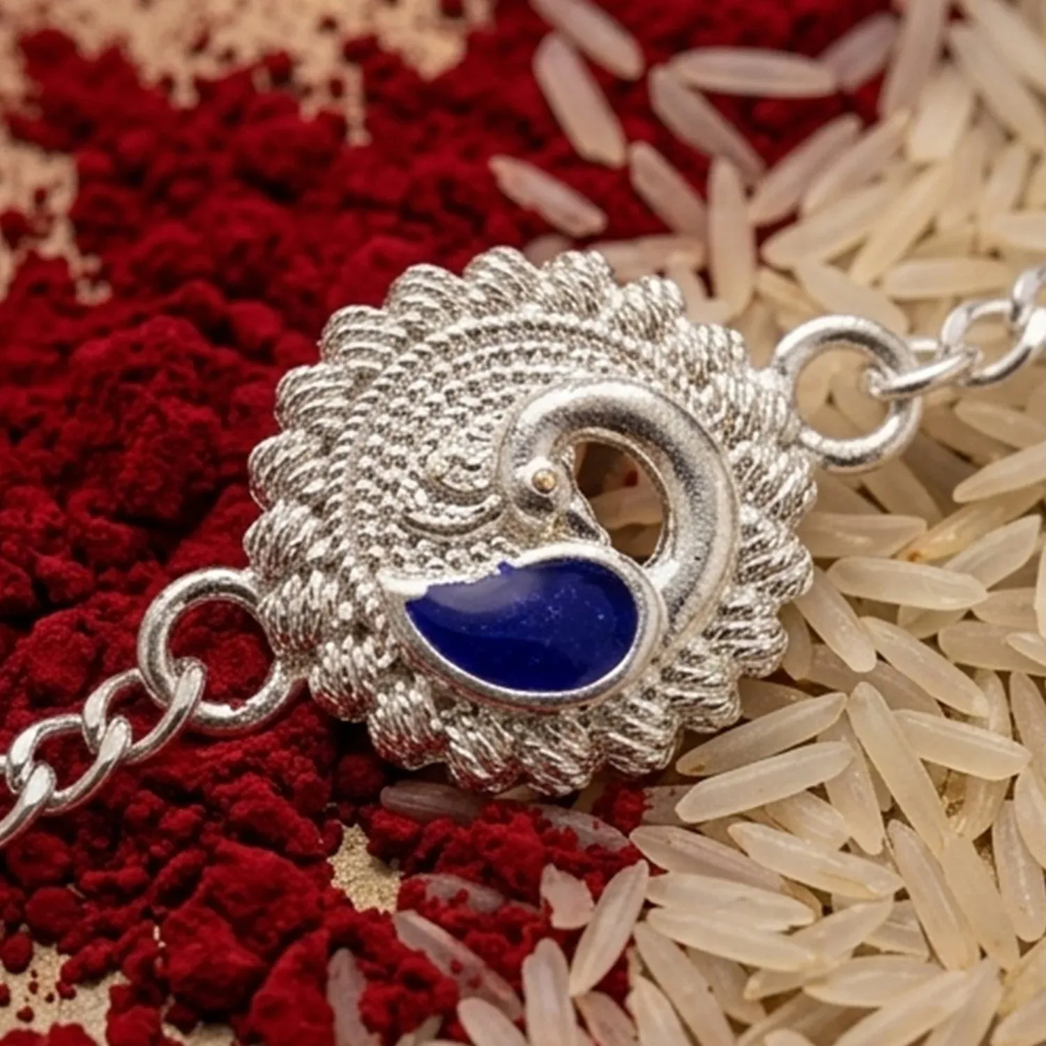 Premium Peacock Round Stone Studded Designer Chain Rakhi for Brother - Buy Online at Alikart