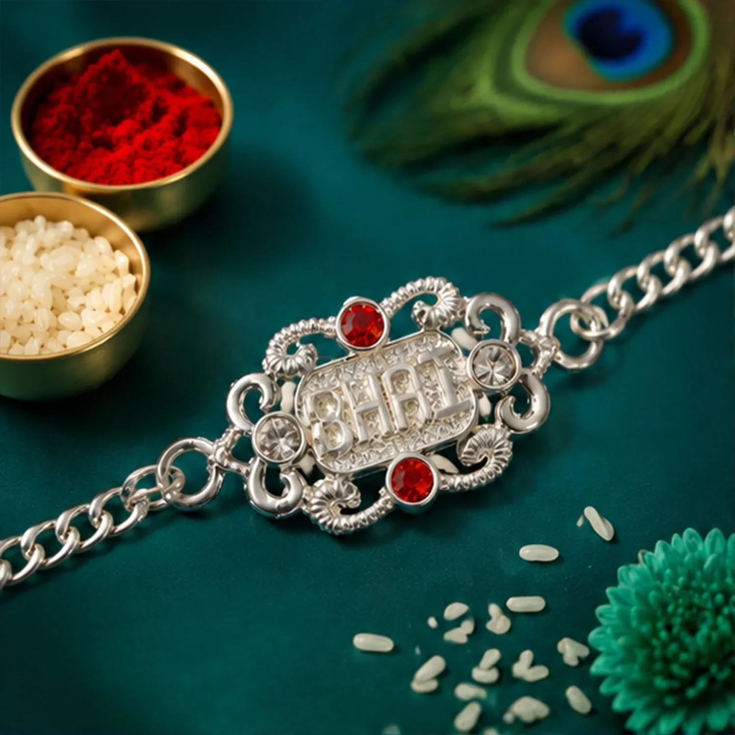 Premium Bhai Text Ornate Stone-Studded Designer Chain Rakhi for Brother - Buy Online at Alikart