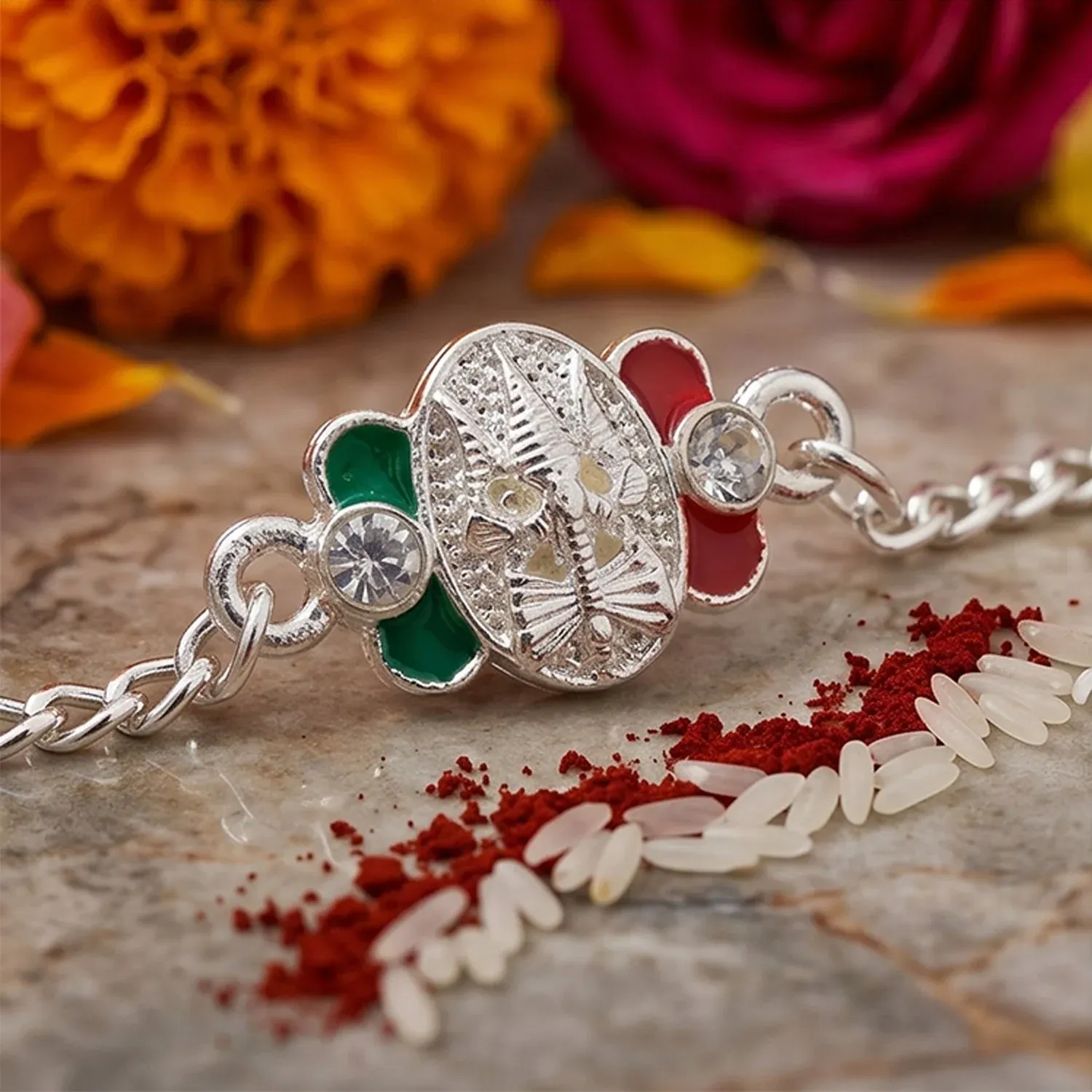 Premium Trishul Motif Meenakari Stone Studded Designer Chain Rakhi for Brother - Buy Online at Alikart