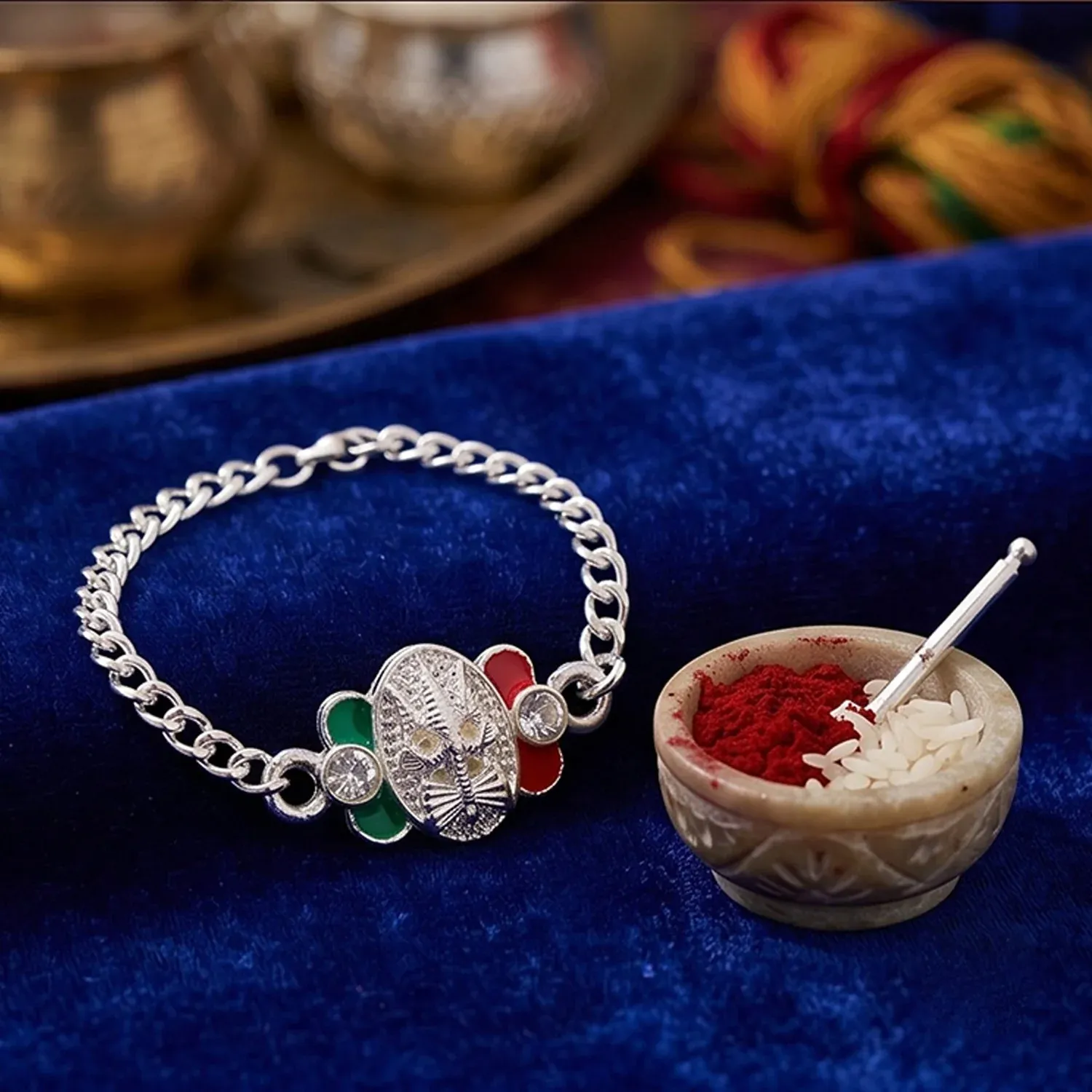 Trishul Motif Meenakari Stone Studded Designer Chain Rakhi for Brother - Detailed Feature View 3
