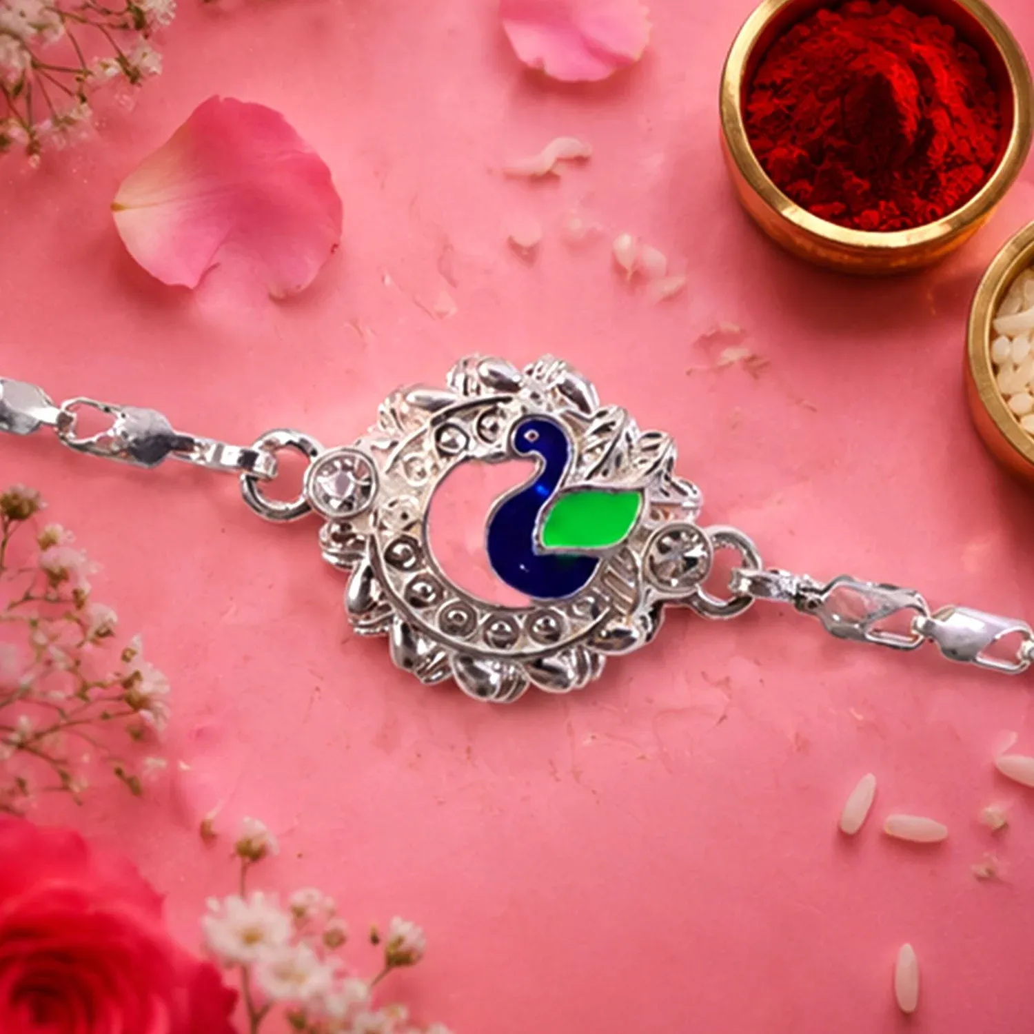 Premium Peacock Design Meenakari Stone-Studded Chain Rakhi for Brother - Buy Online at Alikart