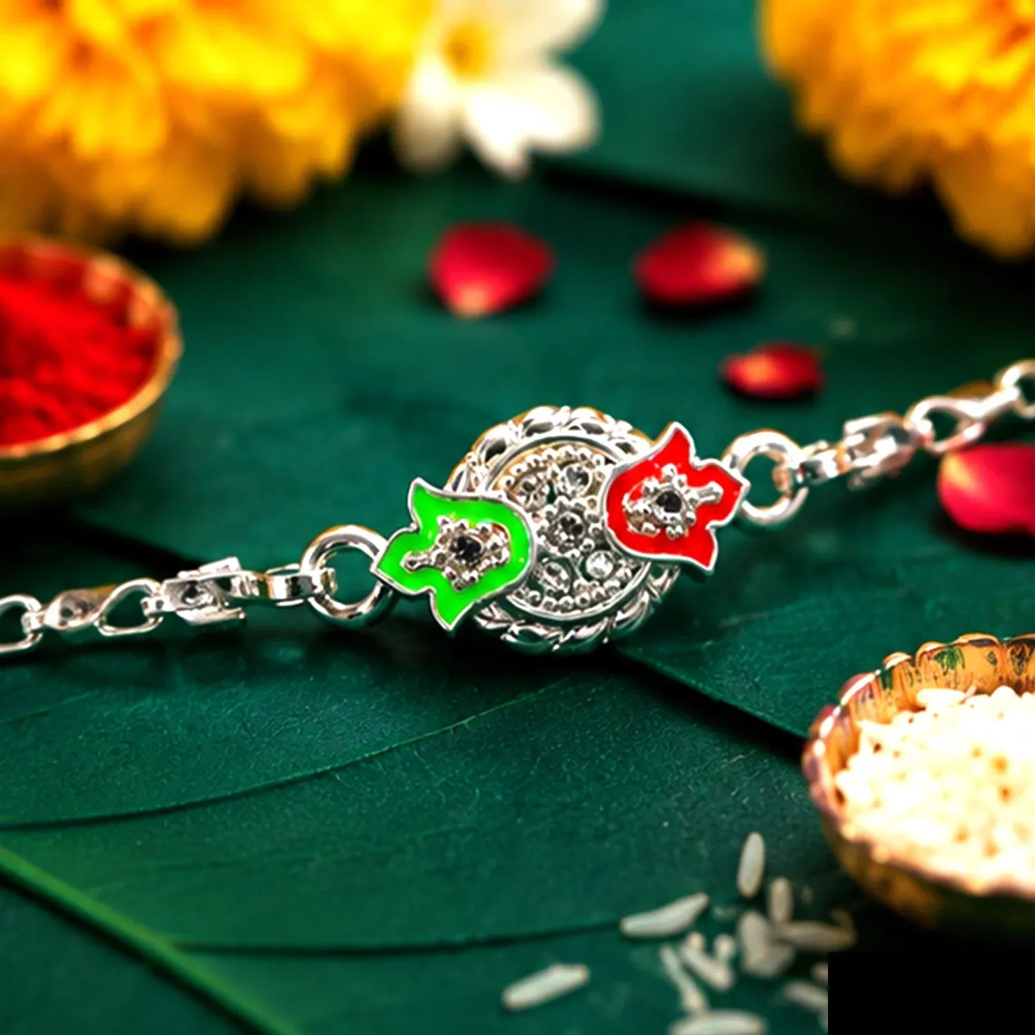 Premium Round Leaf Meenakari Stone Studded Designer Chain Rakhi for Brother - Buy Online at Alikart