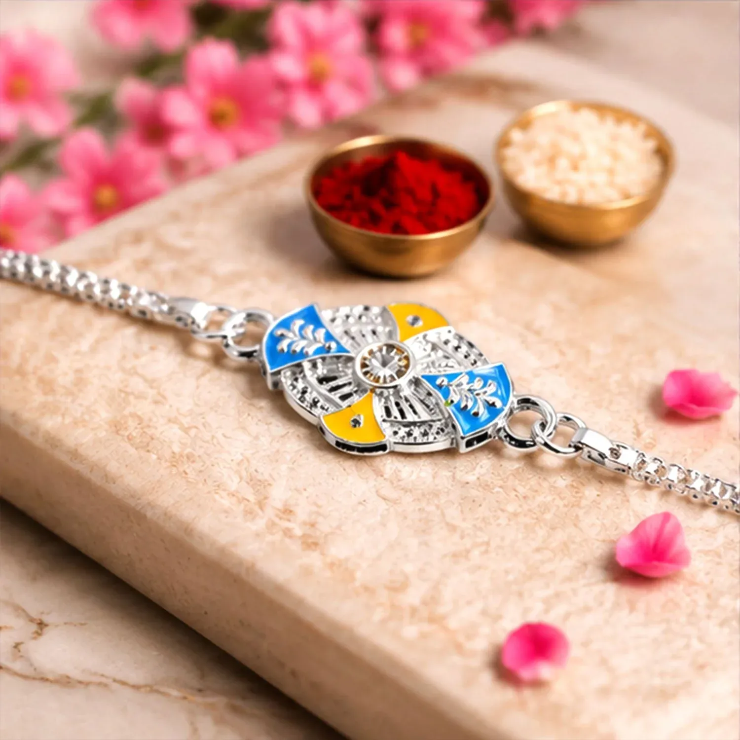Premium Oval Floral Meenakari Stone-Studded Designer Chain Rakhi for Brother - Buy Online at Alikart