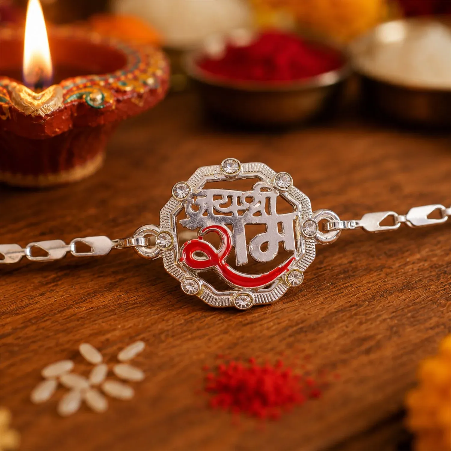 Premium Jai Shree Ram Text Stone-Studded Chain Rakhi for Brother - Buy Online at Alikart