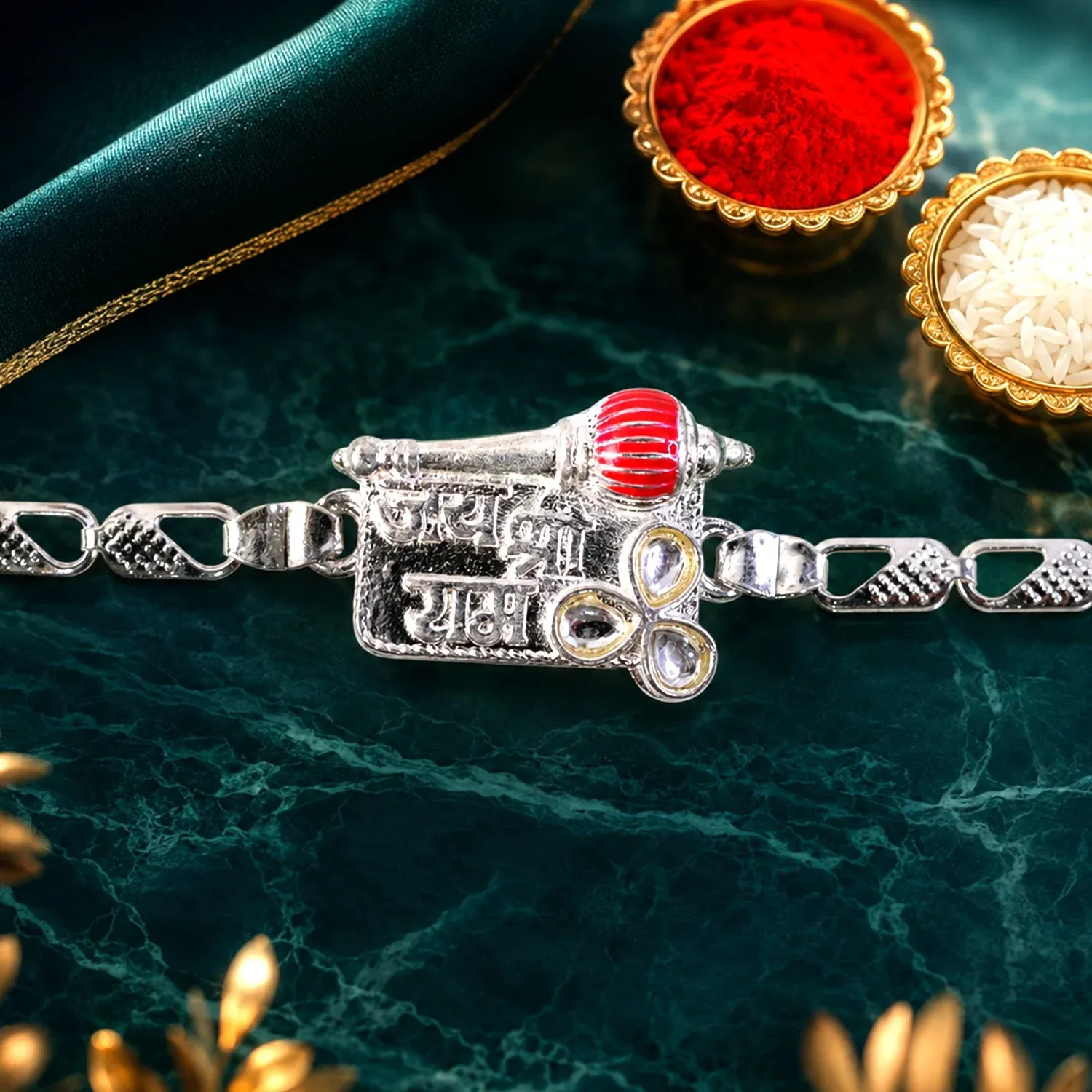 Premium Jai Shree Ram Religious Kundan Stone Chain Rakhi for Brother - Buy Online at Alikart