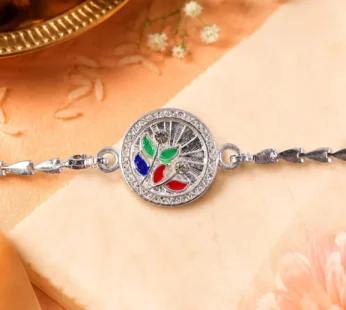 Round Floral Leaf Meenakari Stone Studded Chain Rakhi for Brother