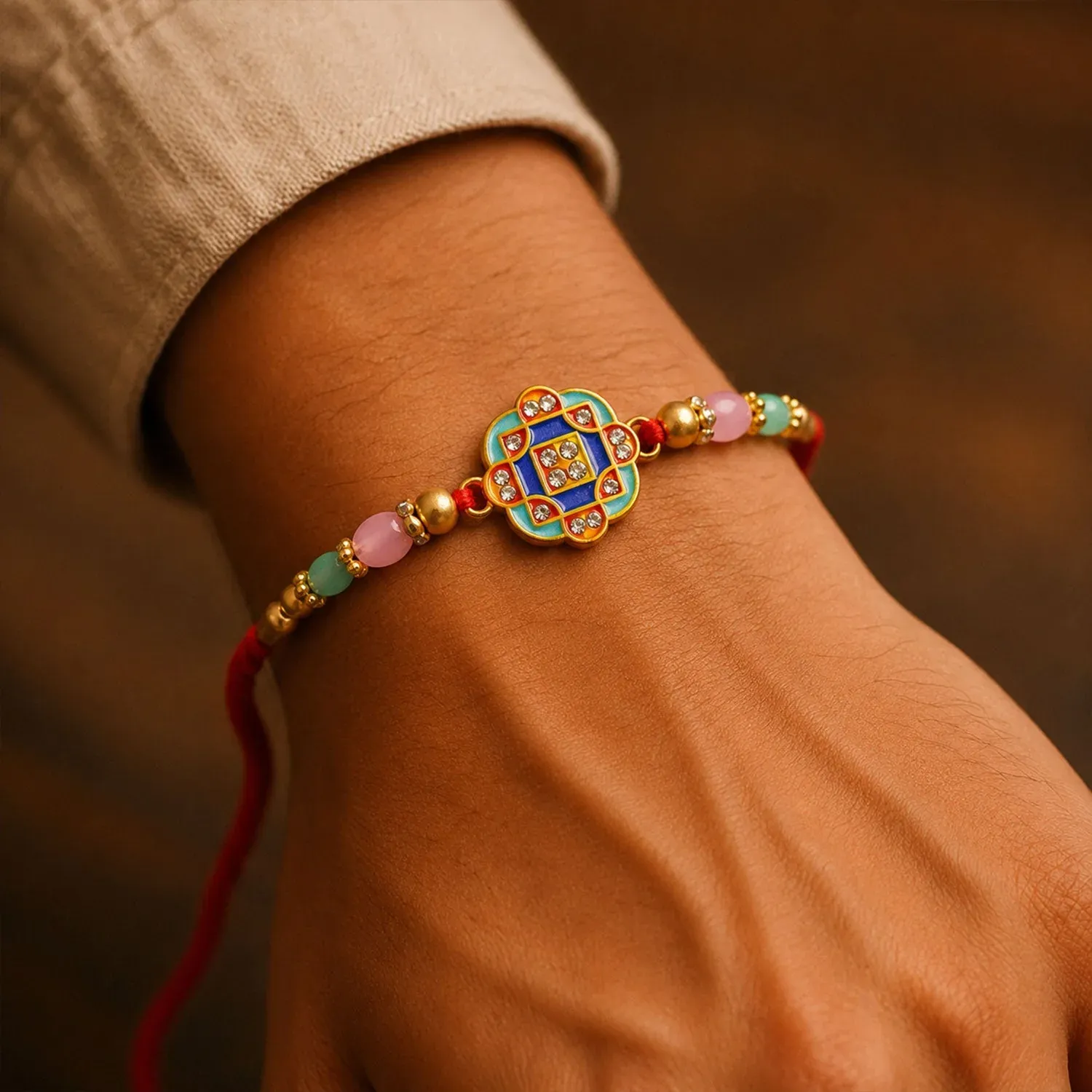 Geometric Square Stone Studded Premium Designer Rakhi for Brother - Detailed Feature View 1