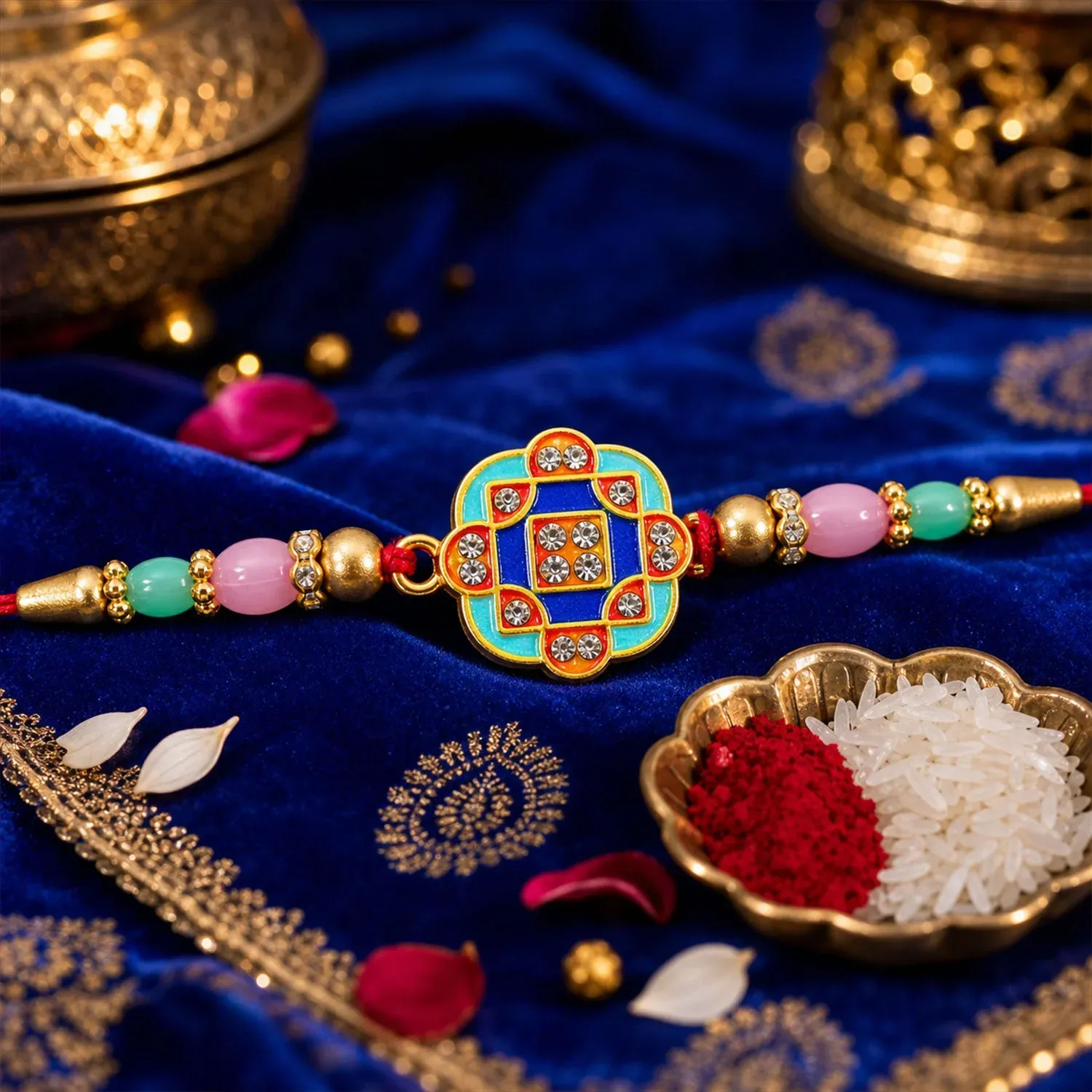 Geometric Square Stone Studded Premium Designer Rakhi for Brother - Detailed Feature View 2