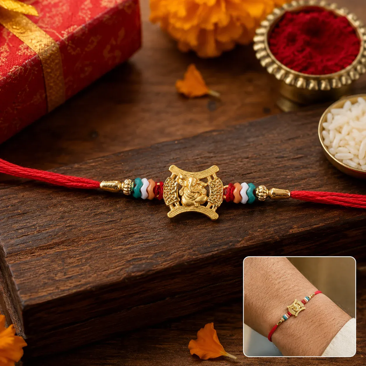 Ganesh Motif Traditional Premium Beaded Designer Rakhi for Brother - Detailed Feature View 1