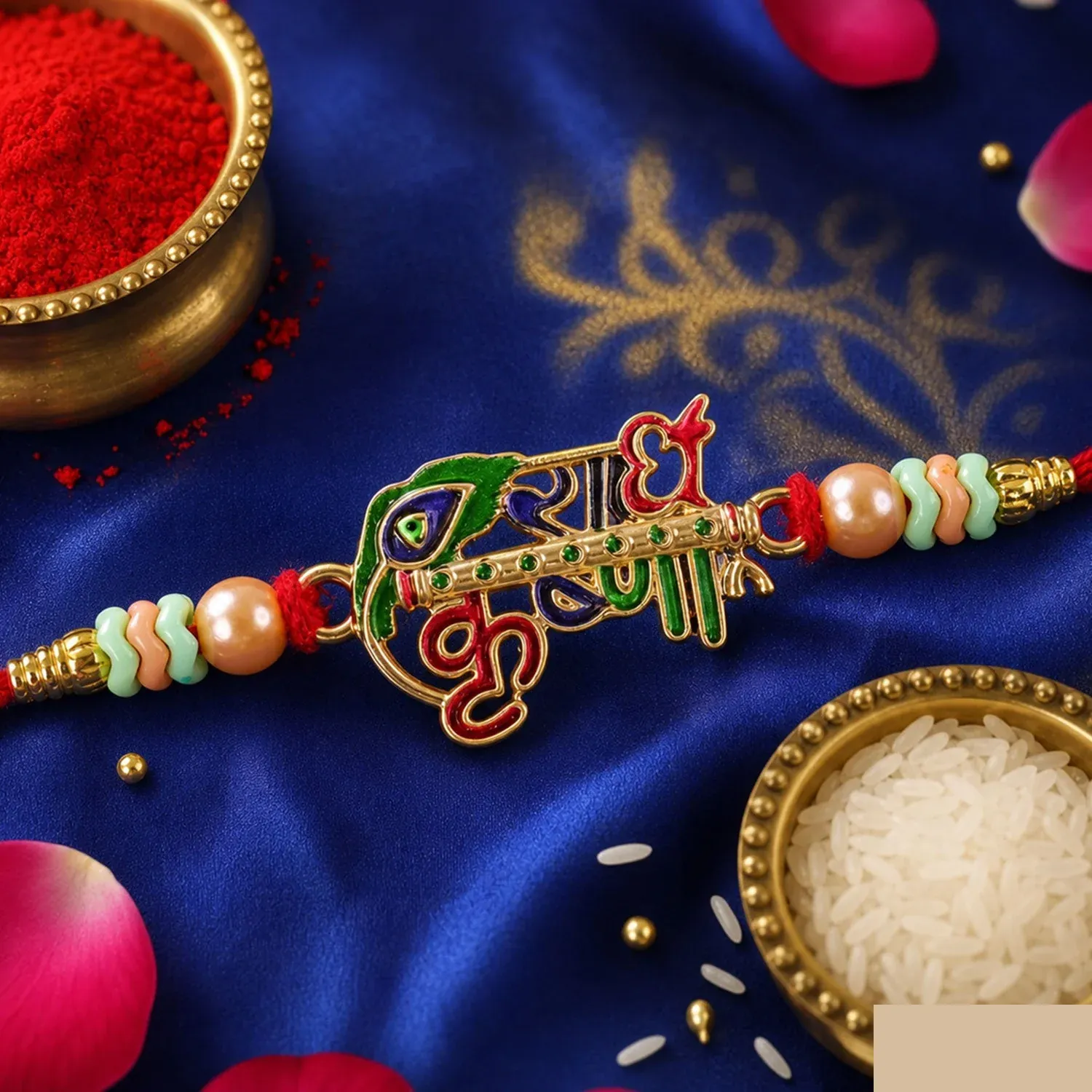 Radha Krishna Text Decorative Premium Beaded Designer Rakhi for Brother - Detailed Feature View 2