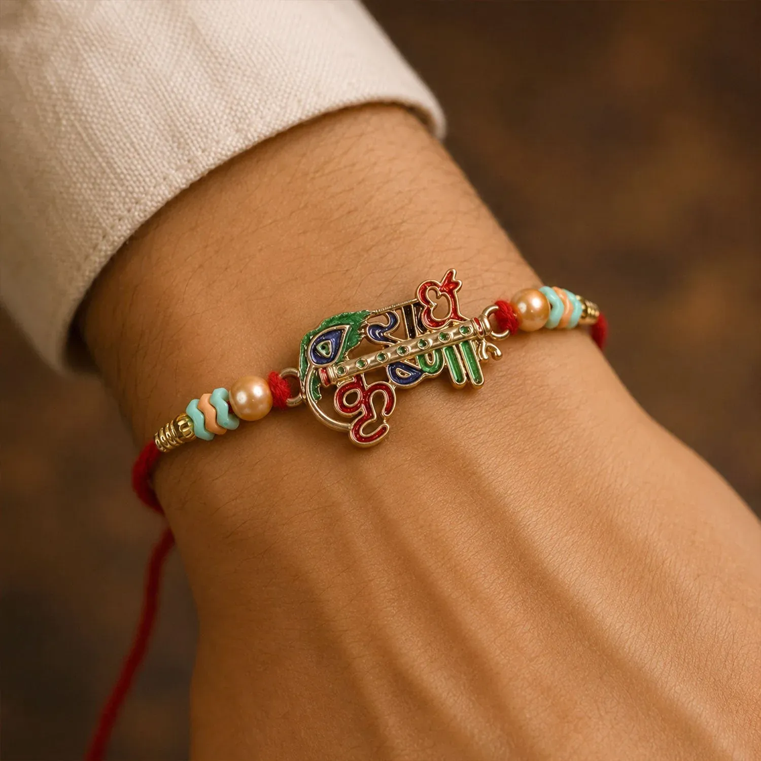 Radha Krishna Text Decorative Premium Beaded Designer Rakhi for Brother - Detailed Feature View 1