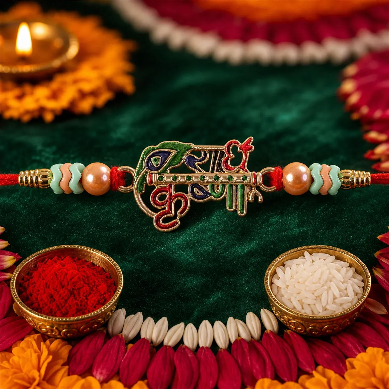 Radha Krishna Text Decorative Premium Beaded Designer Rakhi for Brother - Detailed Feature View 3