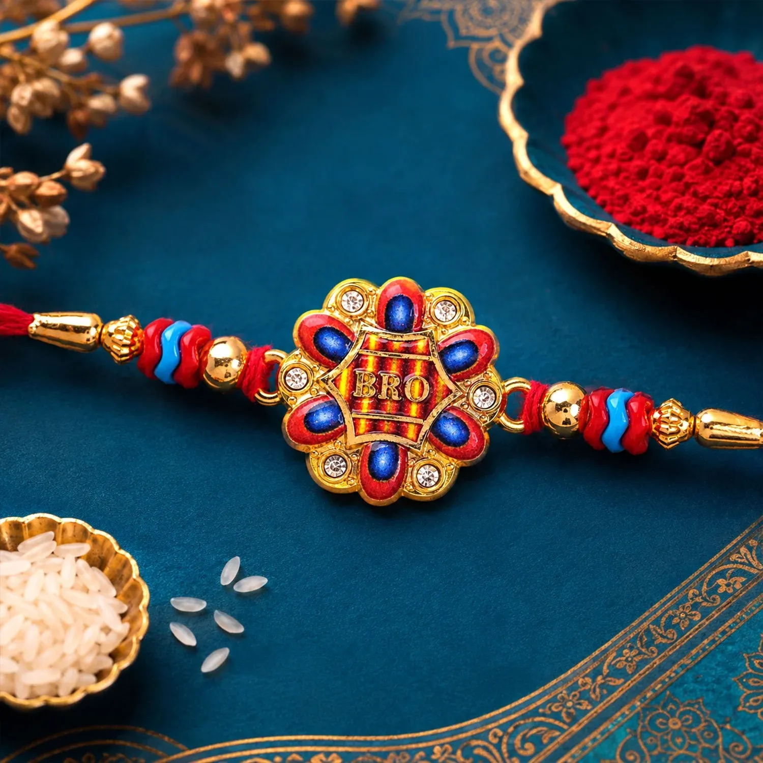 Premium Bro Text Floral Stone Studded Premium Designer Rakhi for Brother - Buy Online at Alikart