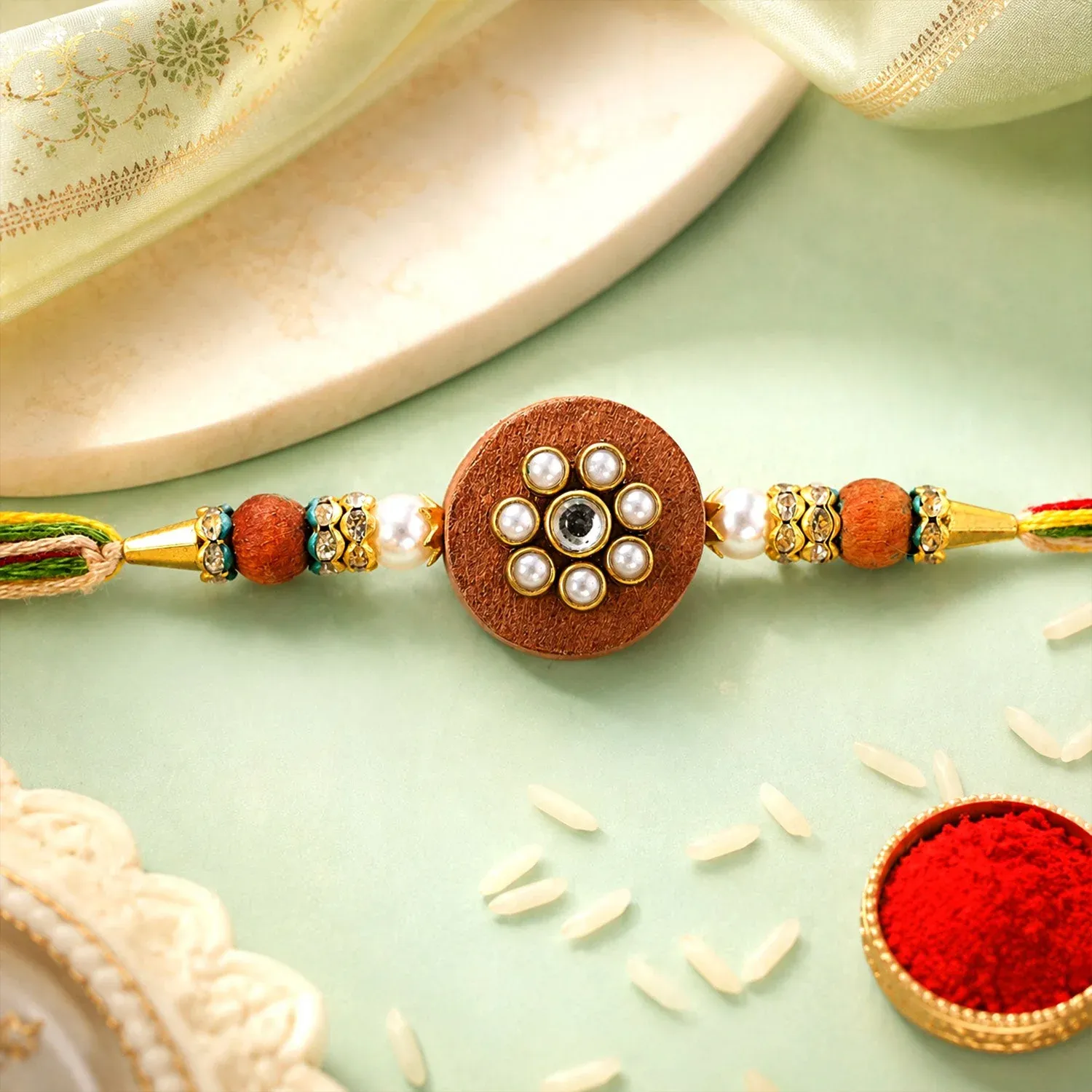 Premium Round Floral Stone Traditional Designer Rakhi for Brother - Buy Online at Alikart
