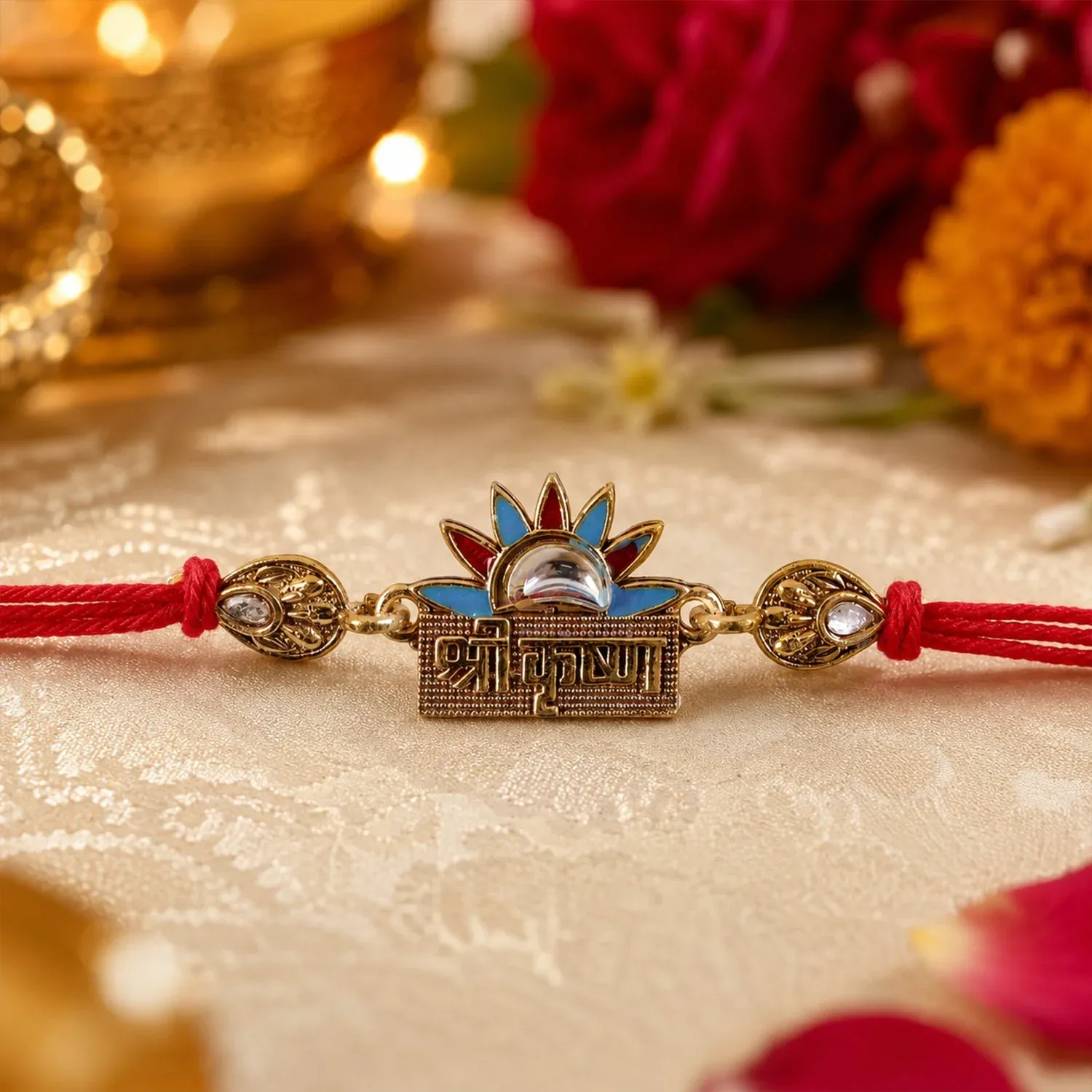 Premium Shree Krishna Text Crown Motif Premium Designer Beaded Rakhi for Brother - Buy Online at Alikart