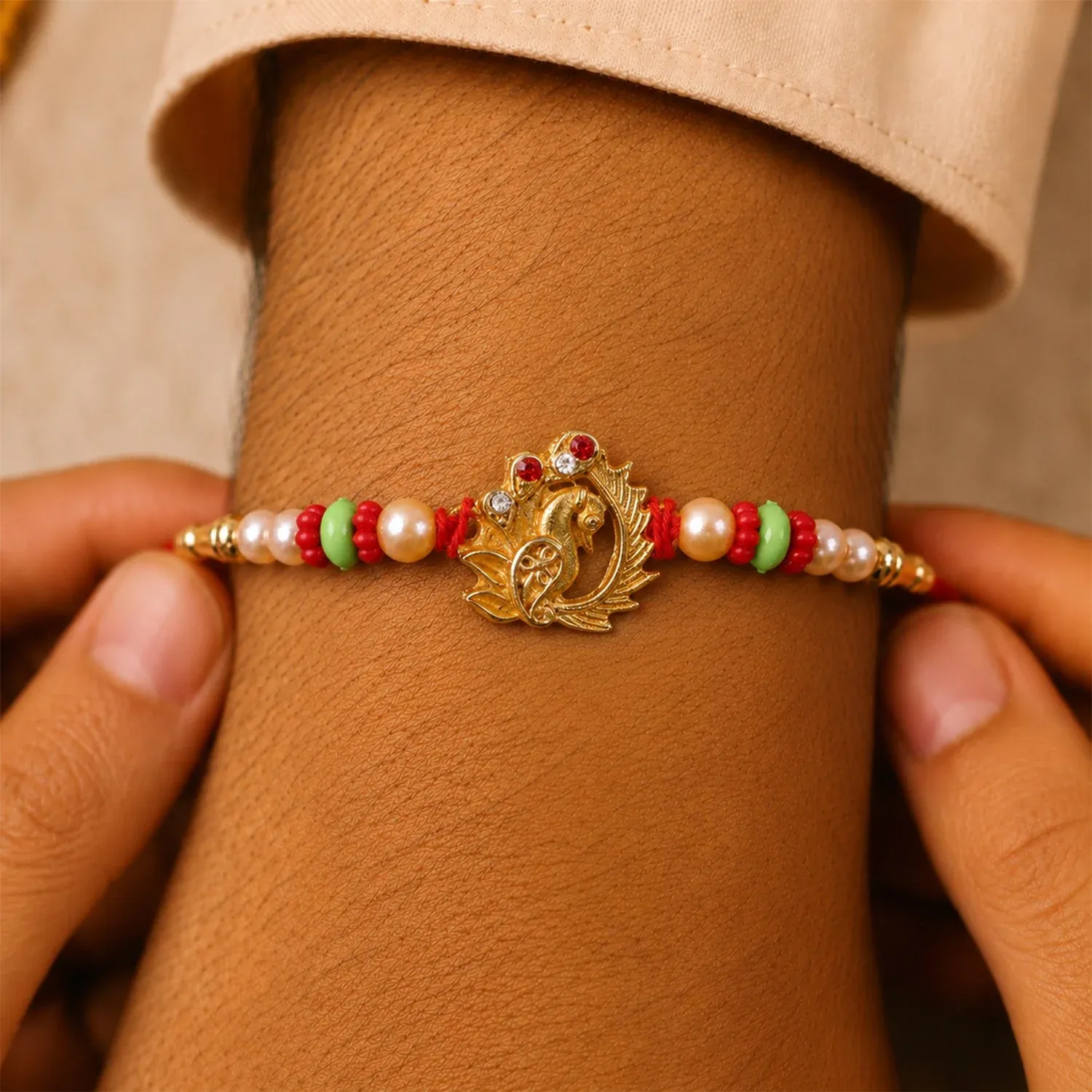 Elegant Peacock Design Rakhi with Pearl Beadwork Rakhi for Brother - Detailed Feature View 1