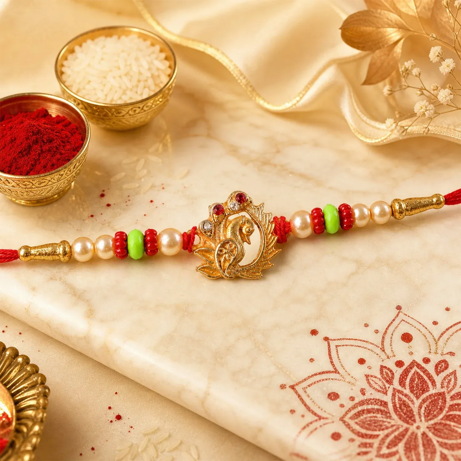Elegant Peacock Design Rakhi with Pearl Beadwork Rakhi for Brother - Detailed Feature View 2
