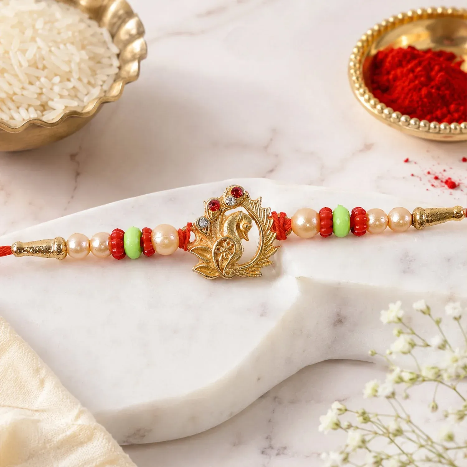 Elegant Peacock Design Rakhi with Pearl Beadwork Rakhi for Brother - Detailed Feature View 3
