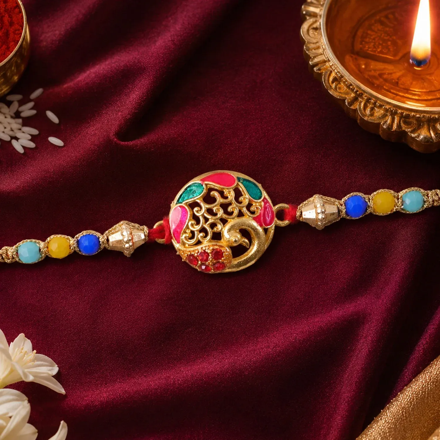 Premium Round Peacock Stone Designer Premium Traditional Rakhi for Brother - Buy Online at Alikart