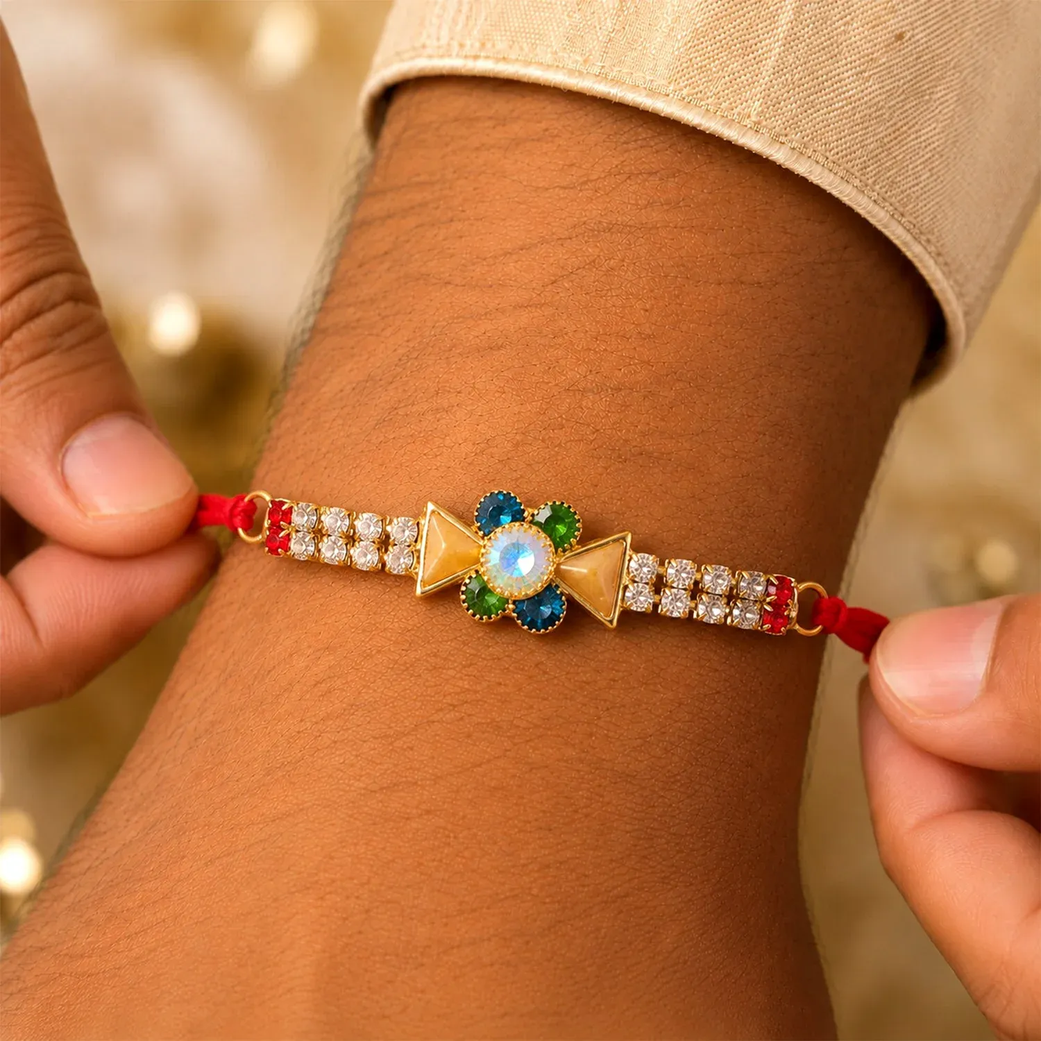 Premium Bar Stone Studded Designer Premium Traditional Rakhi for Brother - Detailed Feature View 2