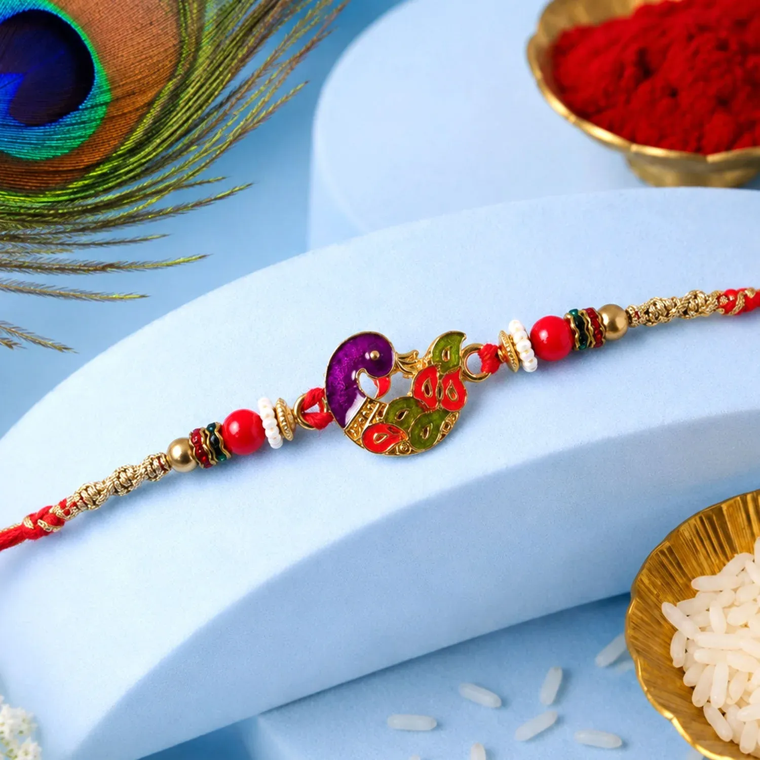 Peacock Motif Beaded Premium Designer Rakhi for Brother - Detailed Feature View 1