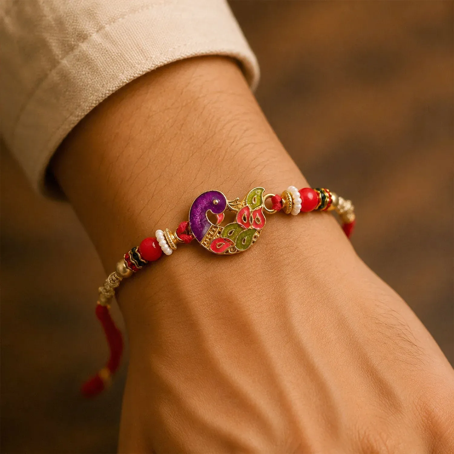 Peacock Motif Beaded Premium Designer Rakhi for Brother - Detailed Feature View 2