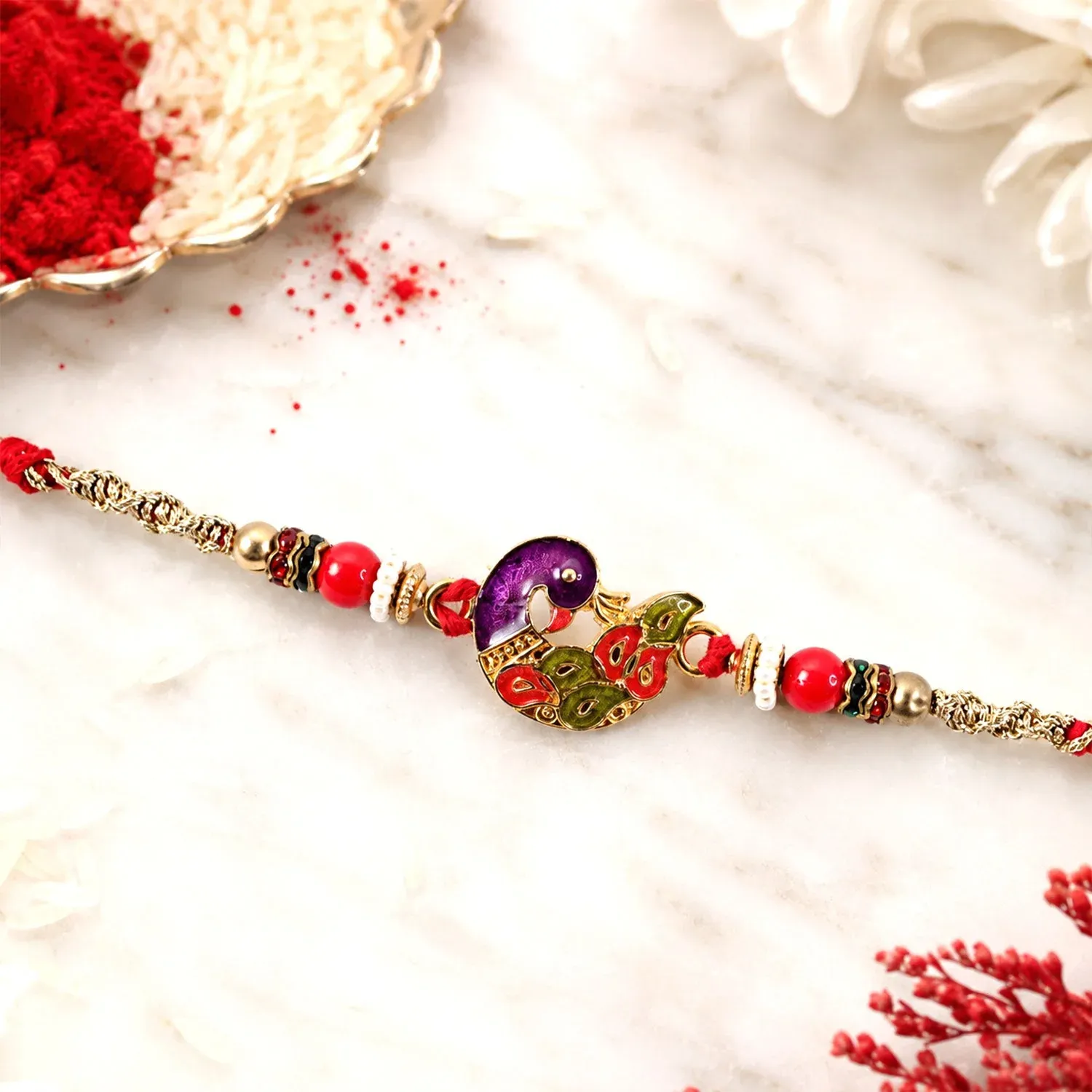 Peacock Motif Beaded Premium Designer Rakhi for Brother - Detailed Feature View 3